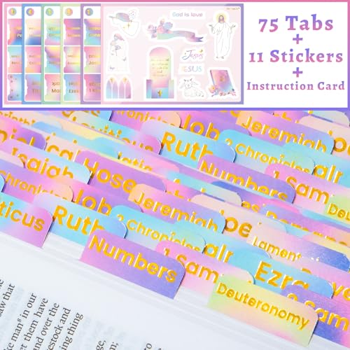 Image of Bible Tabs with Unique Stickers, Gold Foil Laminated Bible Tabs, Bible Tabs for Women, Christian Gifts, Large Print Bible Tabs, Bible Book Index Tabs Labels, Bible Study Supplies (Rainbow)