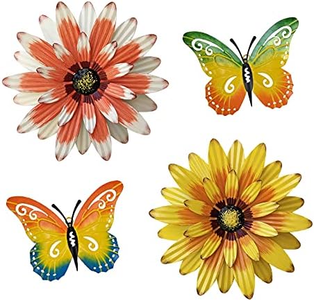 Metal Flowers Outdoor Wall Decor, 4PCS Metal Flower & Butterfly Wall Art Decor Outdoor or Indoor, Metal Wall Sculptures for Deck Decor, Garden Fence, Yard, Patio, Porch, Bedroom, Living Room