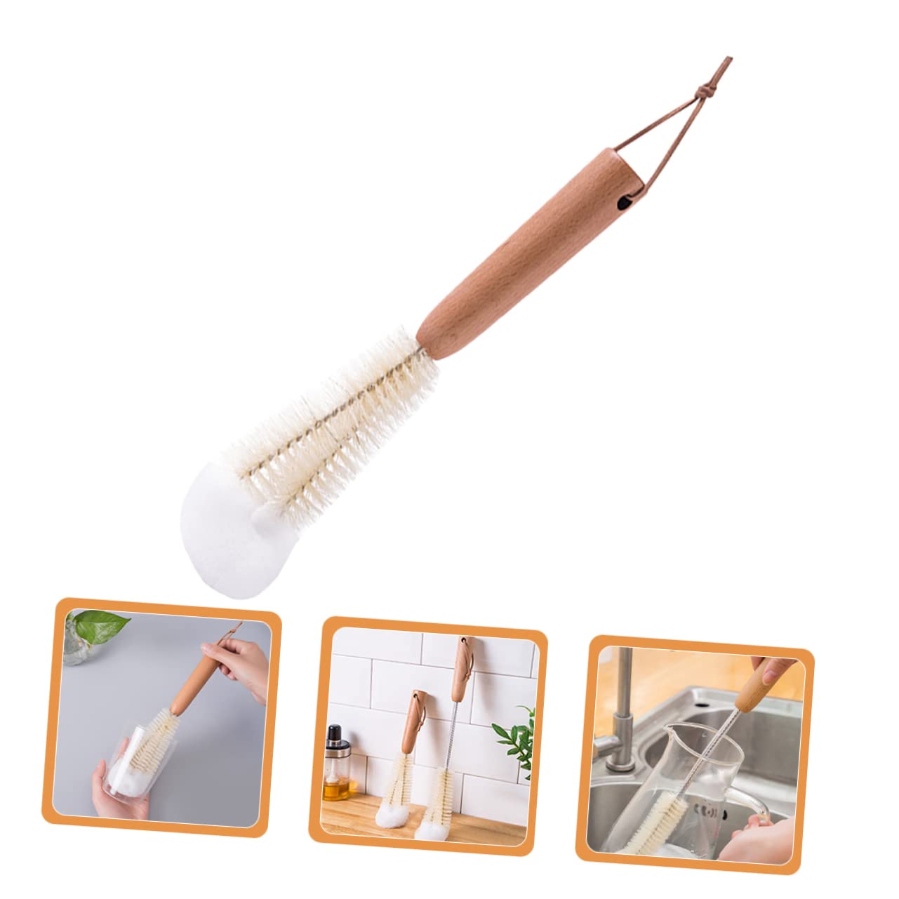 Healeved Japanese Ash Handle L-Bend Brush Dish Scrubber Cup Brush for Coffee Mugs