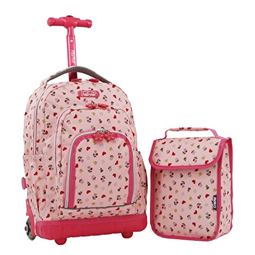 Image of J World Lollipop Kids Rolling Backpack & Lunch Bag Set for Elementary School. Carry-On Suitcase with Wheels, Pink Yard