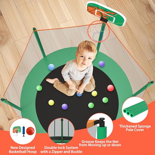 66'' Mini Trampoline for Kids with Enclosure & Basketball Hoop, 5.5FT No-Gap Toddler Trampoline for Indoor & Outdoor Use, 600LBS Capacity, Ideal Gift for Boys & Girls
