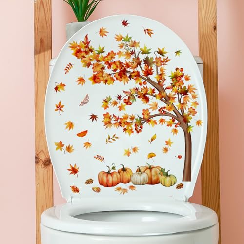 Maple Leaf Pumpkin Toilet Cover Sticker Decals,Halloween Pumpkin Maple Leaf Waterproof Toilet Lid Tank Seat Decals Cistern Self-Adhesive Bathroom Wall Sticker