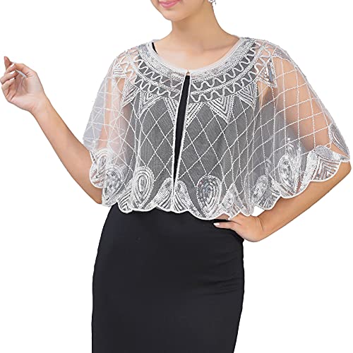 Whitewed 1920S Mesh Sequin Beaded Capelet Shawl Cape Gatsby Era Inspired Clothing
