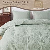 B2EVER Sage Green Damask Quilt Twin Size Bedding Sets with 1 Pillow Sham, Boho Bedspread Lightweight Soft Farmhouse Vintage Bohemian Coverlet Retro Jacquard Pattern Bed Cover for All Season, 2 Pieces — image 4
