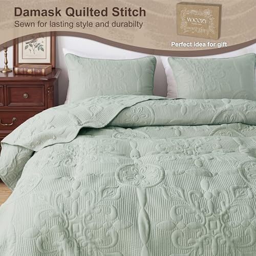 Sage Green Damask Quilt King Size Bedding Sets with 2 Pillow Shams, Boho Bedspread Lightweight Soft Farmhouse Vintage Bohemian Coverlet Retro Jacquard Pattern Bed Cover for All Season, 3 Pieces by B2EVER - Used condition - Image 4
