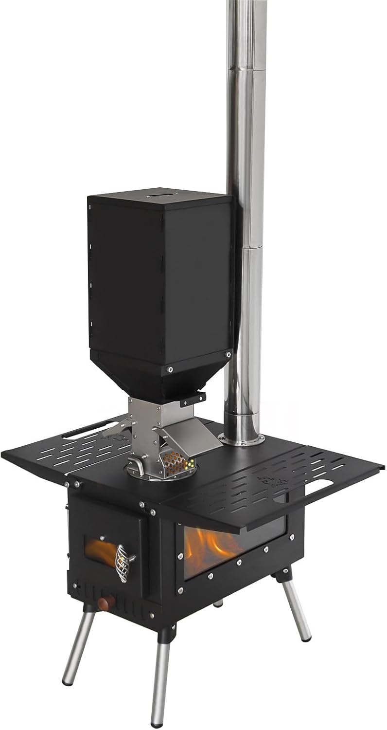 Pellet Stove Tent Stove with Particle Burner Portable Outdoor Camping Cooking Stove with Chimney Black