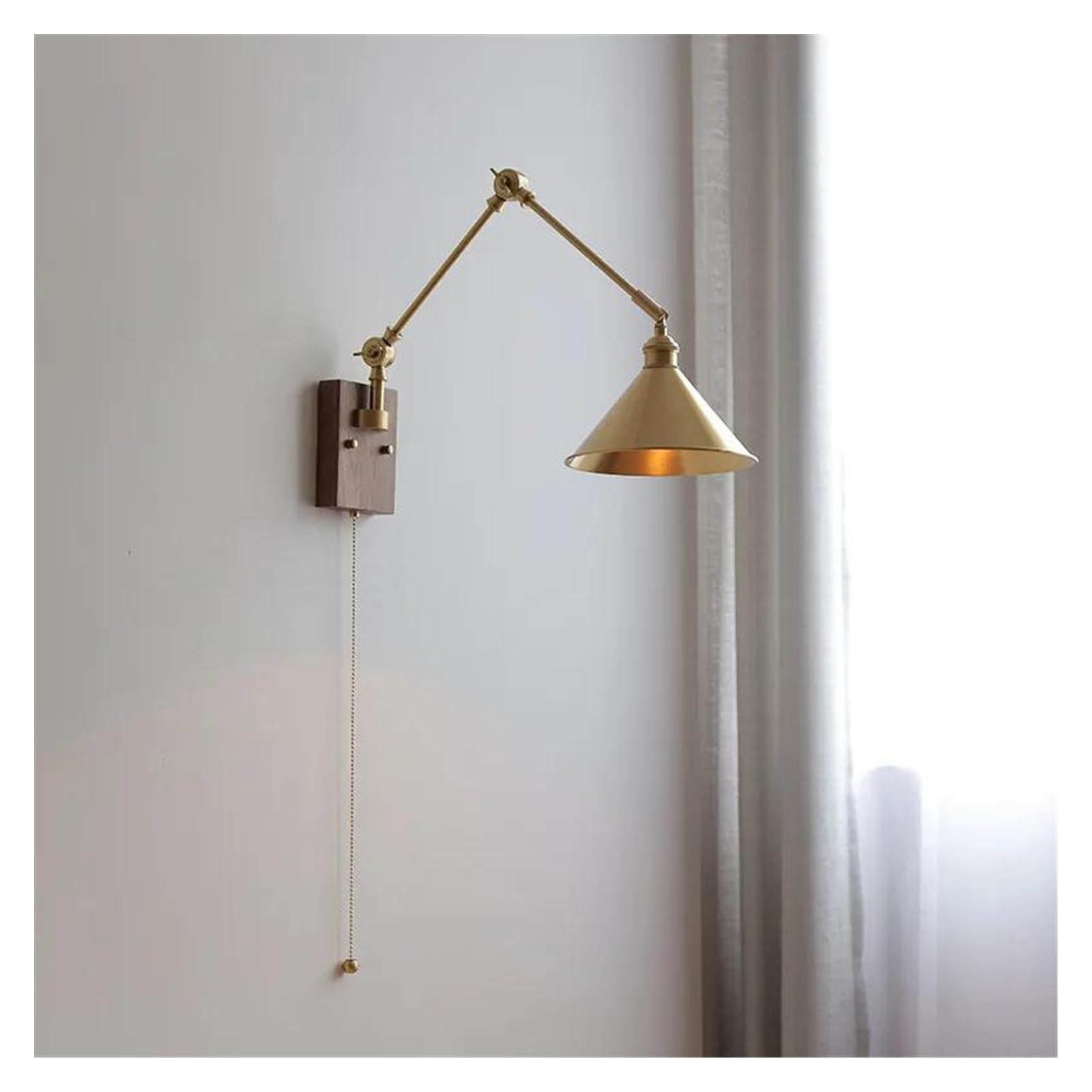 ZTCHSENZT Wall Sconces, Pull Chain Switch LED Wall Light Fixtures Copper Long Arm Walnut Home Indoor Lighting Nordic Modern Wandlamp Luminaria,A