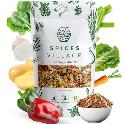 SPICES VILLAGE Dried Ramen Toppings, Dehydrated Vegetables Mixed Vegetables Flakes, 16 oz, Mix of Carrot, Onion, Red & Green Bell Pepper, Celery, Cabbage & Spinach Flakes - Kosher, Gluten Free, Non GMO, Resealable Bulk Bag