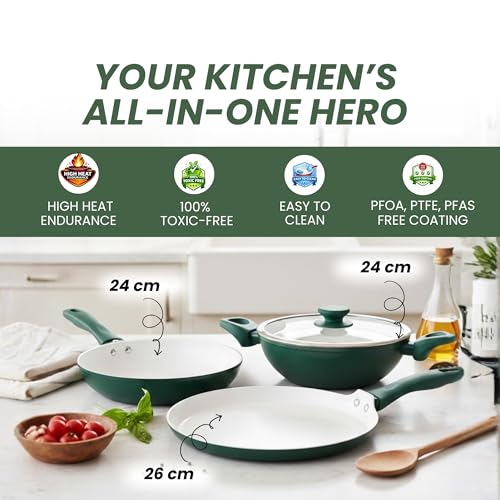 Image of SALFORD Forged Ceramic Set of 3+1 (Kadai 240mm + Frypan 240mm + Tava 260mm + Glass Lid) with Tubular SS Handle I Induction Base & Gas Ready I 2 Year Warranty (Green & Vanilla)