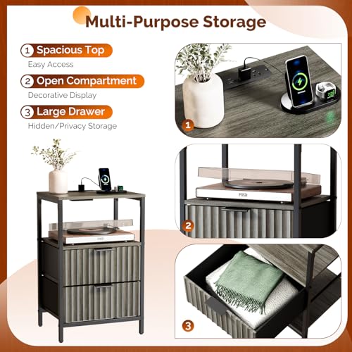 Image of Bonnlo Fluted Nightstand Set of 2, Fabric Dresser with 2 Drawers and 1 Shelf, Bedside Table /End Table with Charging Station, Nightstand for Bedroom, Livingroom, College Dorm, Grey
