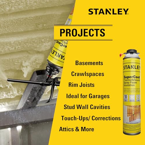 STANLEY Supercoat Spray Foam Insulation Kit - Closed Cell Spray Foam Covers Up to 240 Sq.Ft. - Including Gun, Cleaner, Safety Items - 27.1 oz, 12 Pack, ST-SC-27.1OZ-12P-SET