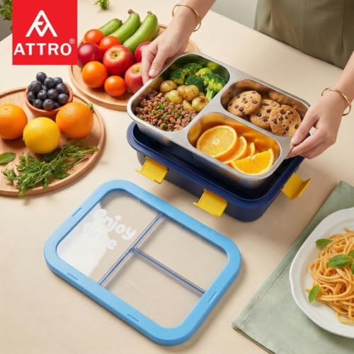 Image of ATTRO JoyBox Steel Lunch Box, 3 Compartment, Stainless Steel Inner Tray, Leakproof Airtight Lid, 4-Side Locks, BPA-Free Food Grade Lunch Box for Kids, School & Office - Blue-750ml