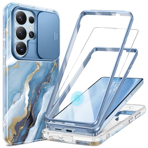 Image of GVIEWIN for Samsung Galaxy S26 Ultra Case, [Slide Camera Cover & Built-in HD Screen Protector] [2 Front Frames] Shockproof Military Grade Protective Marble Phone Case for S26 Ultra 6.9 inch (Serene)