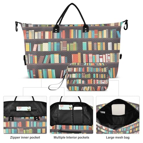 Cartoon Library Bookshelf Old Large Travel Duffle Bag Weekender Overnight Bags Gym Yoga Bag for Women Men with Toiletry Bag2