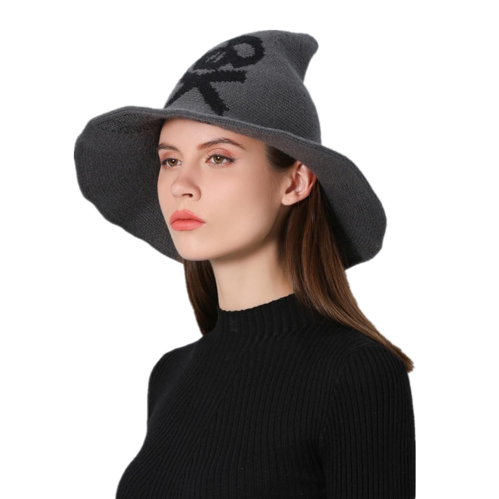 SJTJSPX Witch Pointed Hat Halloween Women,Costume Accessories Halloween Christmas Party Cosplay,Wide Brim Foldable Knitted Hat,Warm Cap Autumn Winter,Headwear Wizard Unisex
