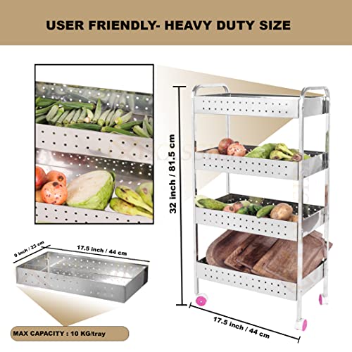 Image of XXSSIER 202 Stainless Steel Vegetable Stand Kitchen Trolley with Wheels Multifunctional Easy Assembly Vegetable Basket Serving Rotating Trolley Cart for Home(32 X 9 X 17.5 inch)