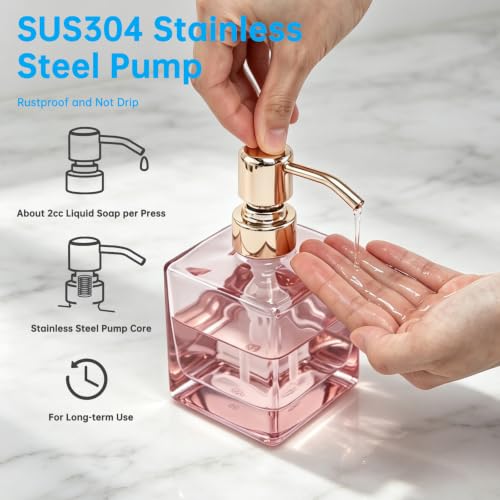 Image of Square Soap Dispenser Glass Blush Pink and Polished Gold, 8.4oz