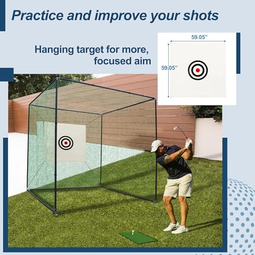 Golf Driving Cage,10 x 10 x 10FT Golf Cage Net Includes Metal Frame,Net,Stability Rope Target Cloth and Swing Mat,for Driving and Hitting Practice Backyard Indoor/Outdoor