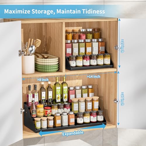 BOIVSHI-3-Tier-Spice-Rack-for-Cabinet-Adjustable-Shelf-Black-Expandable-Width-13-22-Spice-Organizer-for-Countertop-Step-Seasoning-Holder-Metal-Display-Shelf-for-Jars-Pantry-Storage