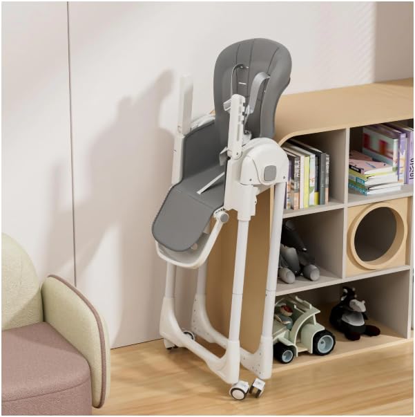 Image of Baby High Chair, Foldable with 5-Point Harness, Adjustable Recline, Removable Tray and Wheels, Grey