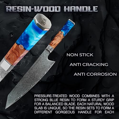 Miyamoto Japanese Chef Knife 8 Inch Steel 67 Layers Damascus Kitchen Knife, Ultra Sharp, Long Lasting Blade, High Carbon Super Steel, Carving Knife Blue Resin - Image 5