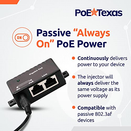 Image of Poe Texas PoE Injector - Single Port Power Over Ethernet Passive PoE Adapter - 10 /100 /1000 Gigabit Data - Includes 48V 15W Power Supply - Wall Mounting Plug & Play for Home Office, VoIP Phone, WiFi AP