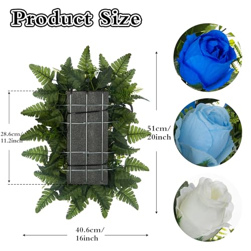 Artificial Cemetery Flowers Saddle Grave Memorial Rose Flowers with Vase for Cemetery Headstones Gravesites Decoration (White&Blue, 1 Saddle) image 1