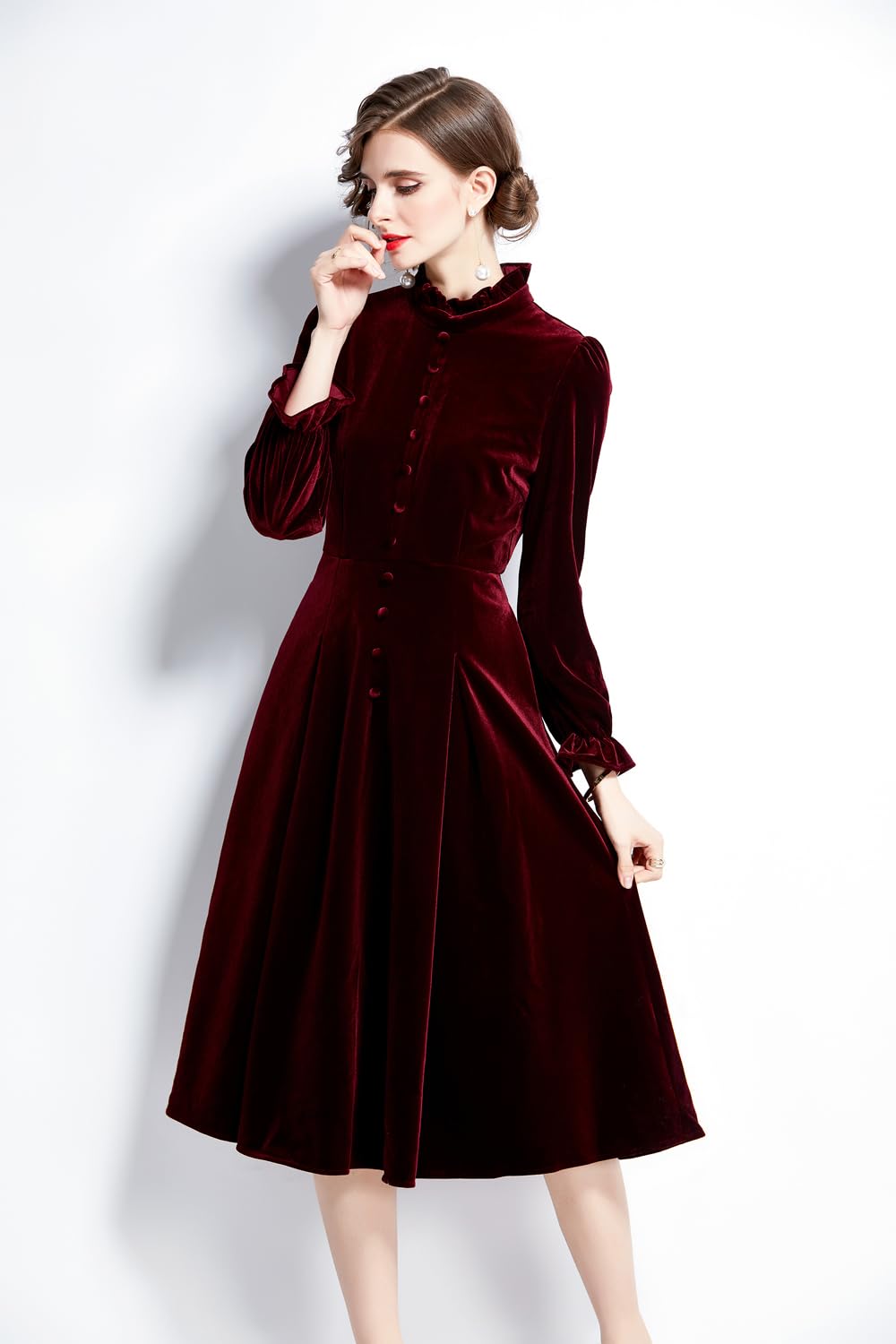 Abito Elasticizzato in Velluto a Maniche Lunghe Donna, Elegante Monopetto con Collo alla Coreana, Longuette a Trapezio per Feste di Natale alla Moda, Wine Red, XXL