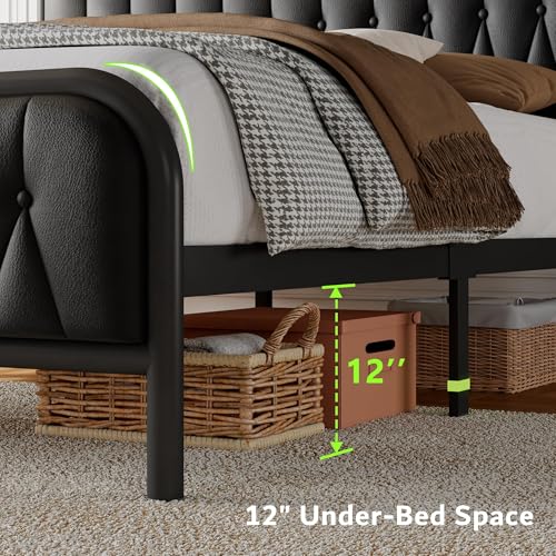 Image of Leather Full Size Bed Frame with Fast Charging Station,Full Metal Platform Beds with Upholstered Headboard & Footboard,12 inch Underbed Storage Space,Easy Assembly,Noise-Free,Black