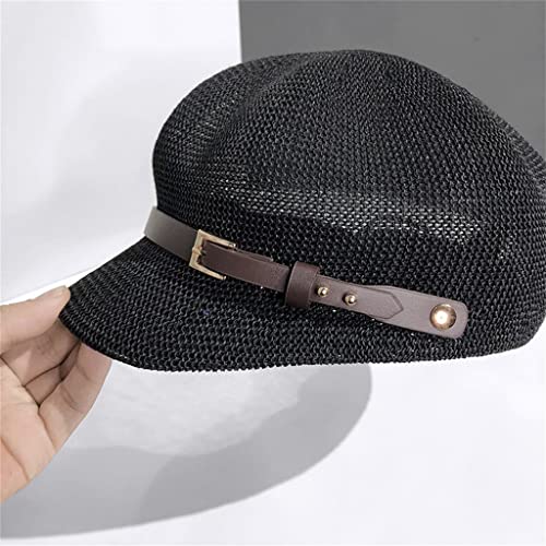 Mfchy Octagonal Cap Women Summer Thin Newsboy Cap Painter Adjustable Rope Knitted Beret Mesh Breathable (Color : Black, Size : 56-58Cm) #TOP3