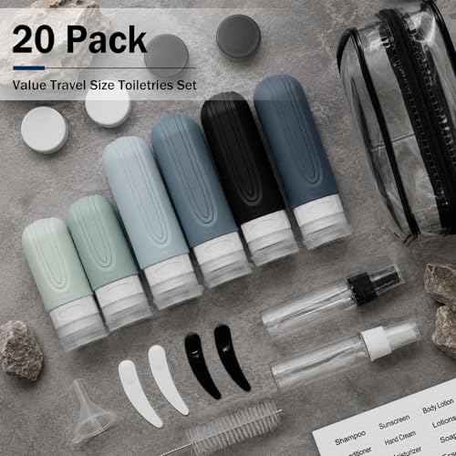 Image of 20 Pack Travel Bottles for Toiletries, TSA Approved Travel Size Containers, Leakproof Silicone Bottles and Shampoo Conditioner, Women Men Essential Toiletry Accessories.