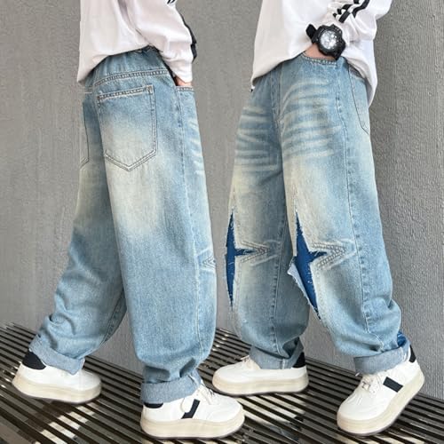 Star Baggy Jeans for Boys Elastic Waist Y2k Vintage Straight Wide Leg Pull On Jeans Kid Boys with Pocket 5-14 Years4