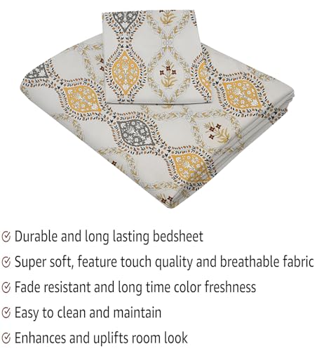 Image of IVAZA 240 TC Soft Ezyption Cotton Floral Print King Size Bedsheet - with 2 Pillow Covers, Hypoallergenic, Brethable, (Size-Size- 90 x 90 Inch | Gold White