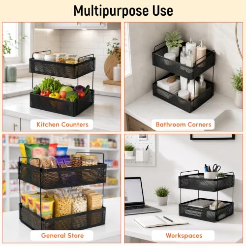 Image of JD FRESH 2 Tier Metal Square Kitchen Stand Organizer /Countertop Large Capacity Storage Rack /Space Saving Design /Modern Ventilation Design for Spices,Fruits or Vegetables /Bathroom Vanity Storage Shelf
