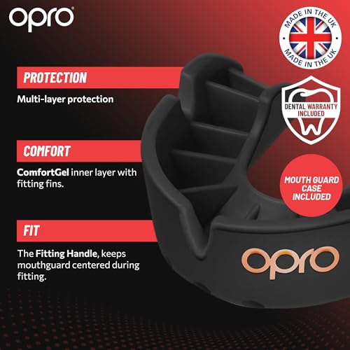 Características del protector bucal OPRO, mostrando su capa interna ComfortGel y el mango de ajuste para mejor adaptación