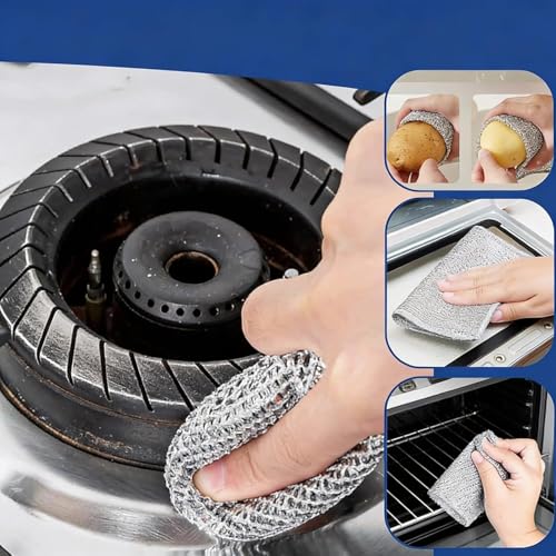 Image of Steel Scrubber Gloves with Cleaning Mesh Pad for Kitchen Utensils Cleaning | Reusable Heat Resistant Hand Gloves & Wire Dishwashing Cloth Combo Pack of 4