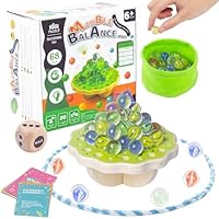 Zamtzax Wooden Marble Balance Game for Kids 6+ and Adults, Wobble Stacking Board 1–4 Players Family Game, 68 Glass Marbles, Dice, Challenge Cards, Party & Travel Game