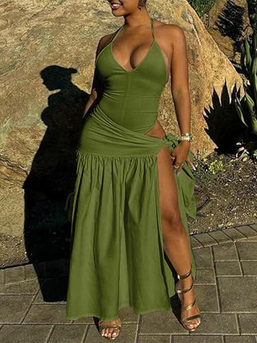 Image of Two Piece Skirt Set Women Sexy Halter Backless Bodysuit and Wrap Tied High Split Summer Maxi Skirt Set