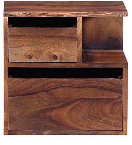 Image of DEMIWALL Solid Sheesham Wood Bedside Table | Wooden Bed Side Tables with Drawer | Nightstand Side Table for Bedroom | Night Stand End Table with 2 Drawers & Shelf Storage for Home | Teak Brown Finish