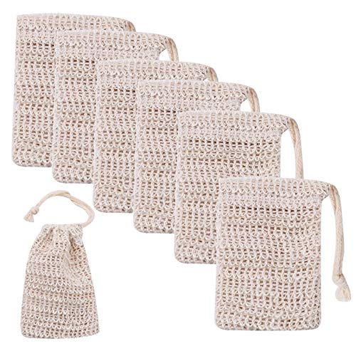 ROLLMOSS 20 Pack Soap Exfoliating Bag, Natural Soap Saver, Ramie Soap Bag, Hand Made Sisal Mesh Soap Bag, Bar Soap Bag, Mesh Soap Saver Pouch with Drawstring for Bath and Shower Use (Beige)