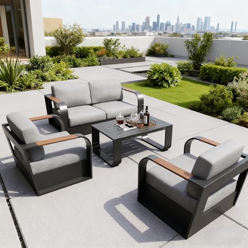 EAST OAK EAST OAK Signature 4 Pieces Patio Furniture Set, Outdoor Furniture with Aluminum Frame, Deep Seating Loveseat & Coffee Table, Modern Set for Porch & Balcony, Dark Grey