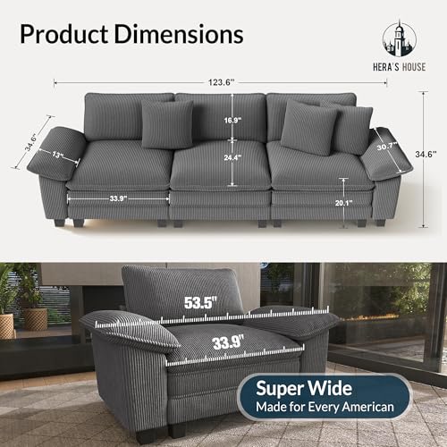 Image of HERA'S HOUSE 124 inch Oversized Modular Sectional Straight Sofa, Corduroy Grey | 3-Seater Living Room Couches, Wider Armrest and Deep Seat, Comfy Cloud Couch with Ottoman, Wood Sturdy Frame