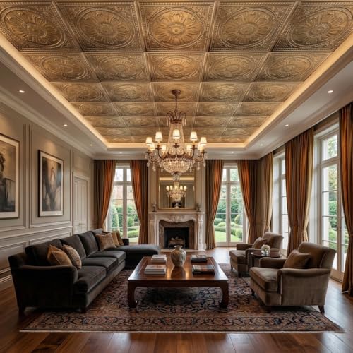 Image of Kayra Decor PVC Ceiling Panel 2x2 Feet (60x60 cm) - Regal Ornate Design, Champagne Gold | Pack of 25 3D Decorative Ceiling & Wall Panels | Waterproof Home Interior Decor