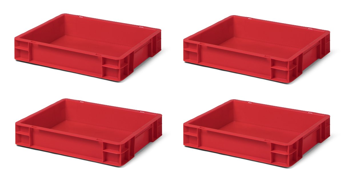 1a-TopStore 4 Stk. Transport-Stapelkasten TK475-0, rot, 400x300x75 mm (LxBxH), aus PP, Volumen: 6 Liter, Traglast: 25 kg, lebensmittelecht, made in Germany, Industriequalität