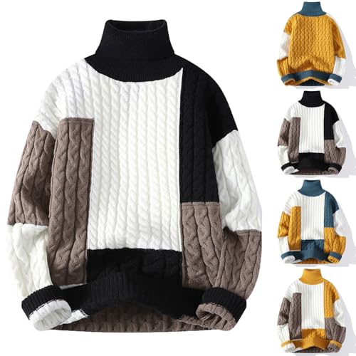 Cambkatl Men's Patchwork Cable Knit Pullover Sweaters Stylish Colorblock Turtleneck Long Sleeve Casual Jumper Tops2