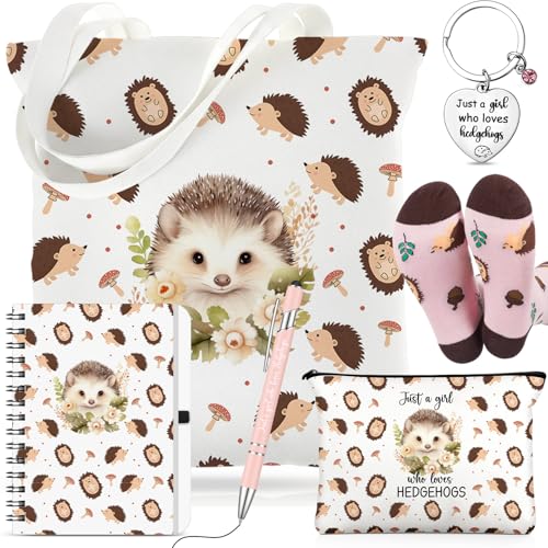 Hestya 6 Pcs Hedgehog Gifts for Women Hedgehog Lover Gift Set Socks Canvas Bag Makeup Bag Spiral Notebook Ballpoint Pen and Stainless Steel Keychain for Christmas Birthday Graduation Thanksgiving