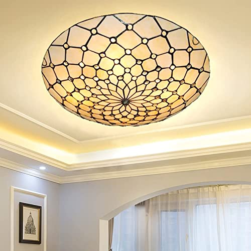 More Change 20" Tiffany Style Chandelier Retro Hand-Made Stained Glass Ceiling Light Vintage Round Flush Mount Lights Fixture For Bedroom Hallway Entryway #TOP4