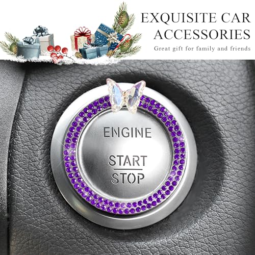 Image of DXNQ 2PCS Bling Ring Emblem, Sparkling Butterfly Car Buttons and Knobs Ring, Girly Butterfly Diamond Car Engine Start Button Cover, Key Ignition Knob Rings Decoration for Women (Purple, Double Row)