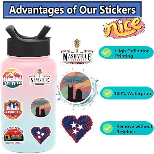 Nashville Tennessee Stickers 50Pcs Waterproof Vinyl Nashville Music City Decals for Water Bottles Laptop Luggage Cup Computer Mobile Phone Skateboard Guitar Helmet Snowboard Décor - Image 3
