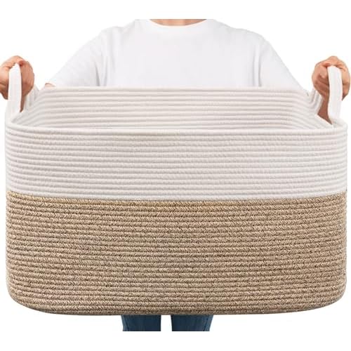 Goodpick Large Woven Blanket Basket, 21.6″ x 14.9″ x 11.8″ Storage Baskets for Organizing, Rectangle Cotton Rope Toy Basket for Living Room, Bedroom, White & Brown
